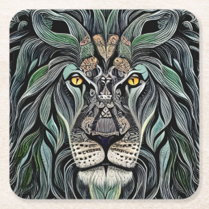 Abstract Shabby Chic King Lion Square Paper Coaster