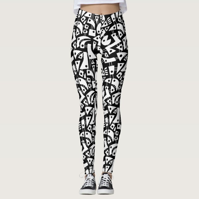 Abstract Shapes 180318 - White on Black Leggings (Front)