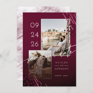 Abstract Shapes Burgundy Marble Back & 2 Photos Save The Date