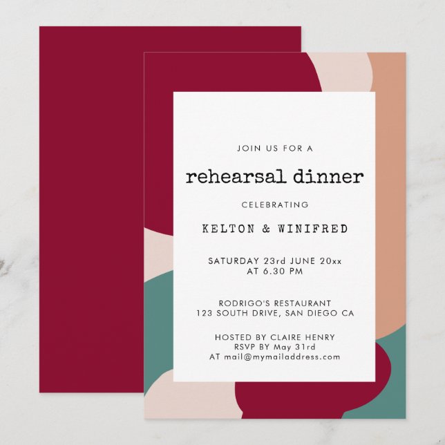 Abstract shapes contemporary rehearsal dinner invitation (Front/Back)