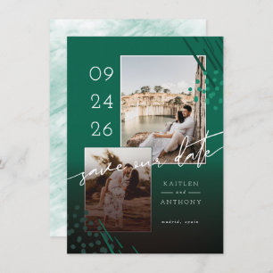 Abstract Shapes Emerald Marble Back & 2 Photos Save The Date