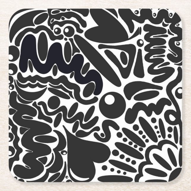 Abstract shapes in black & white square paper coaster (Front)