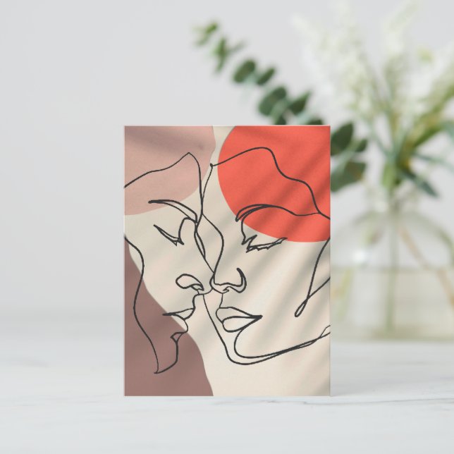Abstract Shapes One Line Drawing Minimalist Couple Holiday Postcard (Standing Front)