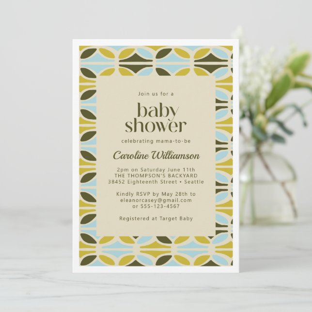 Abstract Shapes Pattern Green Blue Baby Shower  Invitation (Standing Front)