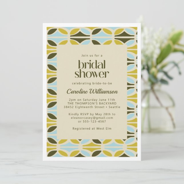 Abstract Shapes Pattern Green Blue Bridal Shower Invitation (Standing Front)