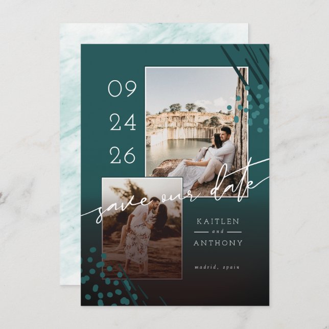 Abstract Shapes Teal Green Marble Back & 2 Photos Save The Date (Front/Back)