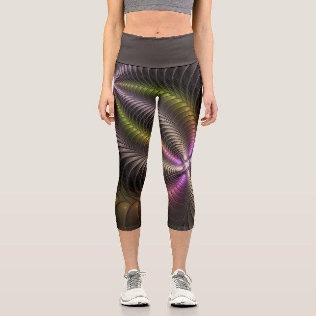 Abstract Shiny Trippy Colourful 3D Fractal Art Capri Leggings (Front)