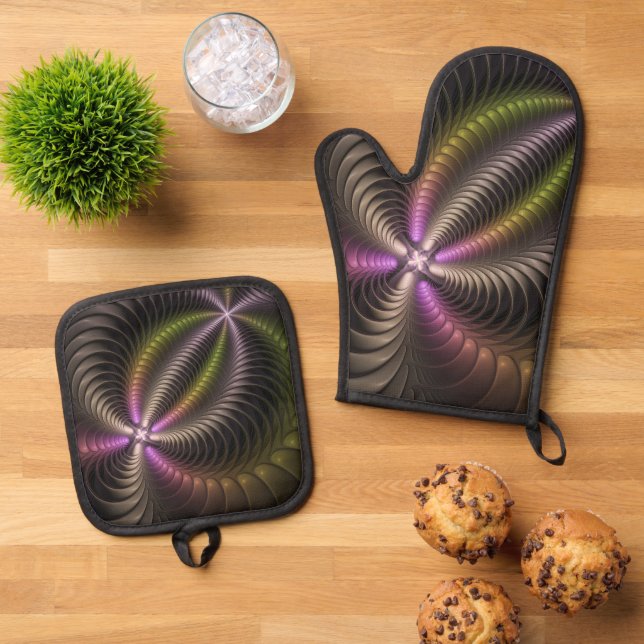 Abstract Shiny Trippy Colourful 3D Fractal Art Oven Mitt & Pot Holder Set (Top Down)