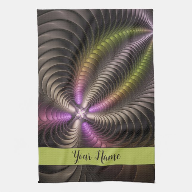 Abstract Shiny Trippy Colourful 3D Fractal Name Kitchen Towel (Vertical)