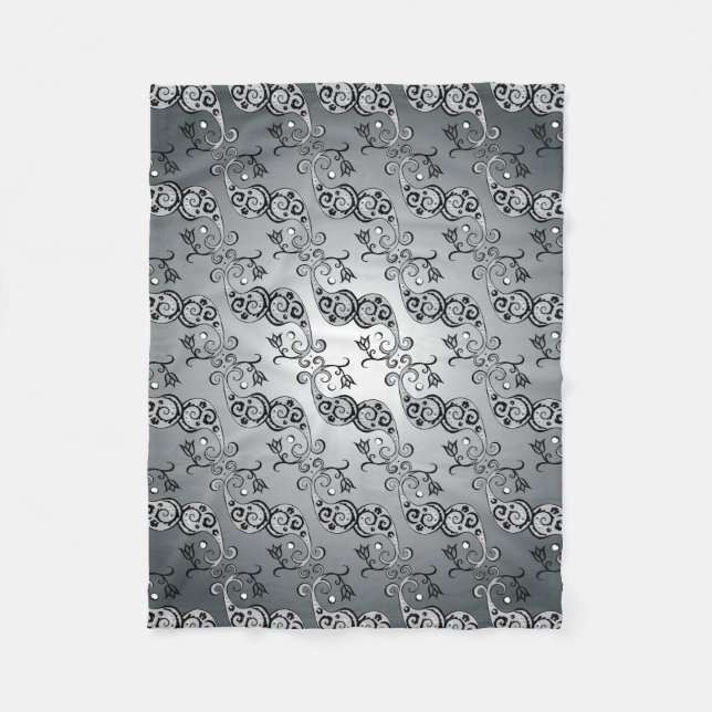Abstract Silver and black Tulip Boteh Pattern Fleece Blanket (Front)