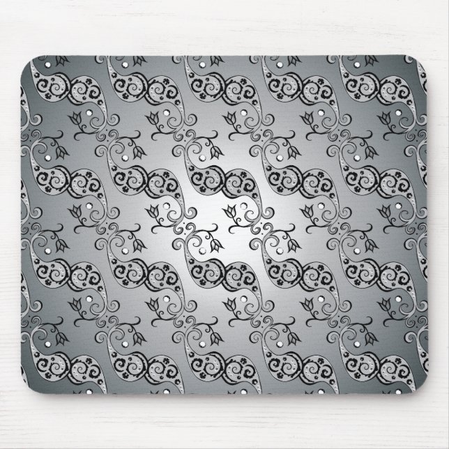 Abstract Silver and black Tulip Boteh Pattern Mouse Pad (Front)