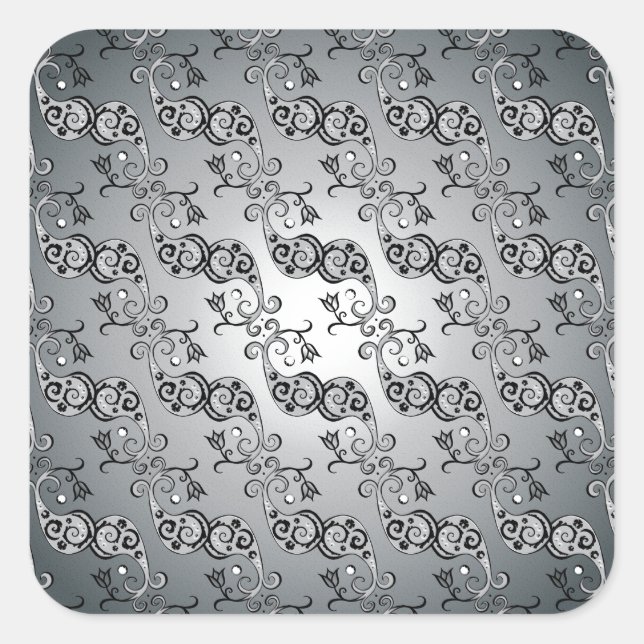 Abstract Silver and black Tulip Boteh Pattern Square Sticker (Front)
