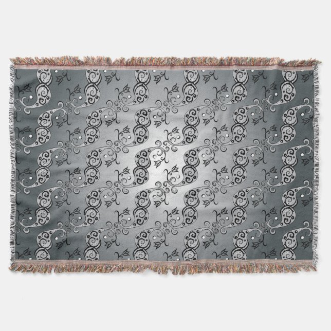 Abstract Silver and black Tulip Boteh Pattern Throw Blanket (Front)
