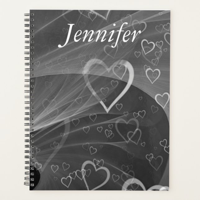 Abstract Silver Hearts and Love Grey Personalized Planner (Front)