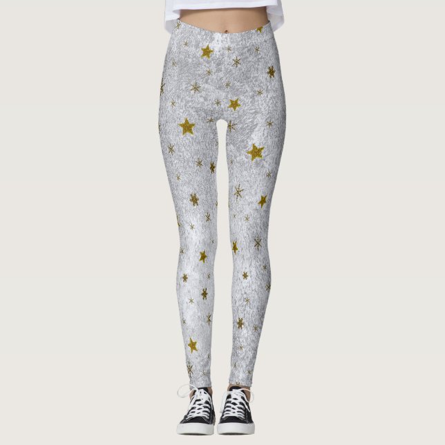 Abstract silver paper with gold sparkly stars leggings (Front)