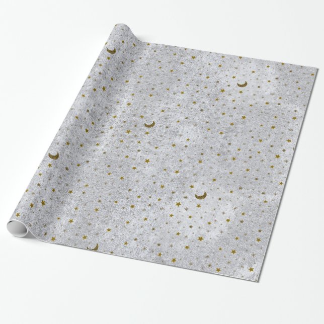 Abstract silver paper with gold stars, moon (Unrolled)