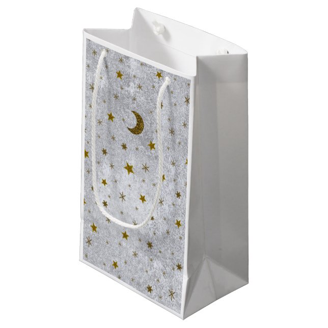 Abstract silver paper with gold stars, moon small gift bag (Front Angled)