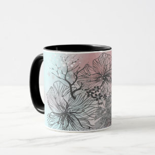 Abstract sketched flowers leaves floral gradient p mug