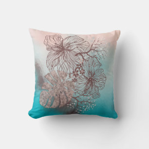 Abstract sketched flowers leaves floral gradient p throw pillow