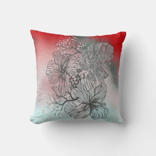 Abstract sketched flowers leaves floral gradient p throw pillow (Front)