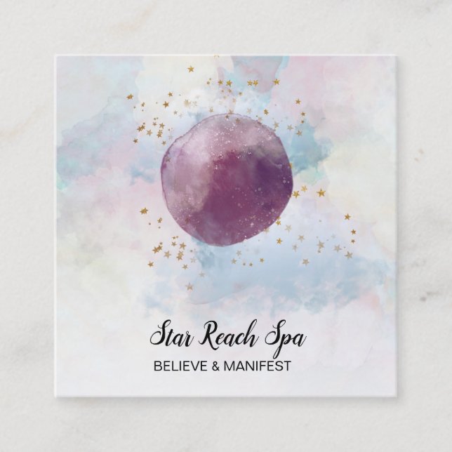 *~* Abstract Sky Cosmo Stars Watercolor Universe Square Business Card (Front)