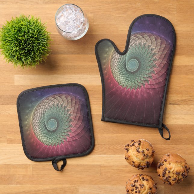 Abstract Snail Colourful Modern Fractal Art Oven Mitt & Pot Holder Set (Top Down)