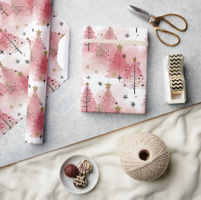 Abstract Snowflake & Pink Tree Christmas Style Wrapping Paper (Crafts)