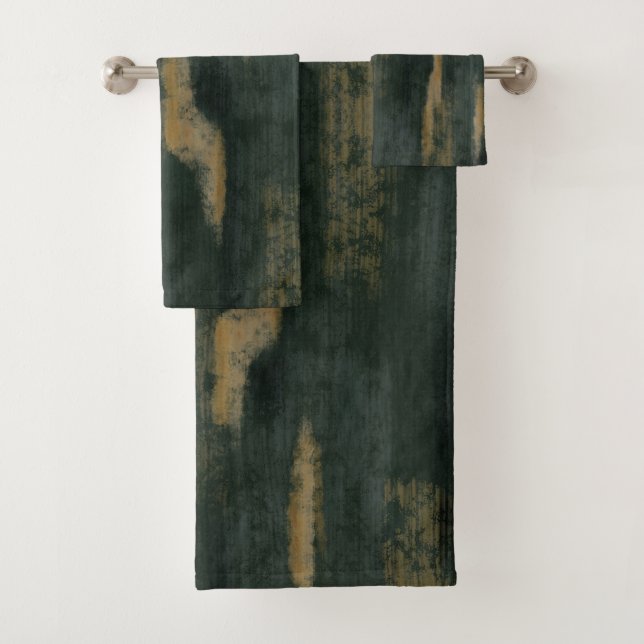 Abstract Soft Hues Deep Green & Gold Bath Towel Set (Insitu)