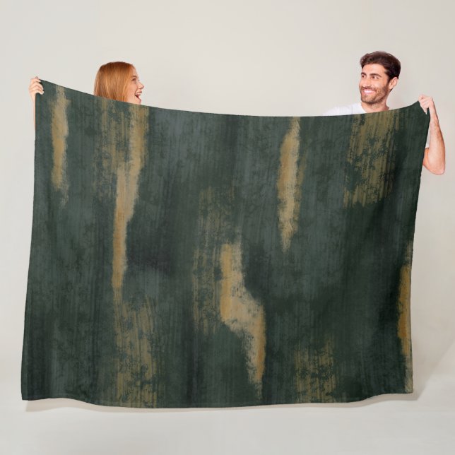Abstract Soft Hues Deep Green & Gold Fleece Blanket (In Situ)