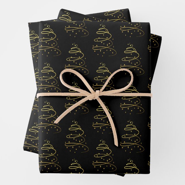 Abstract Sparkling Gold, Black Christmas Tree Wrapping Paper Sheet (In situ)