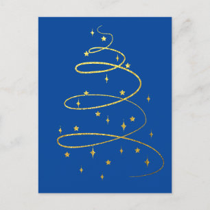 Abstract Sparkling Gold Christmas Tree on Blue Holiday Postcard