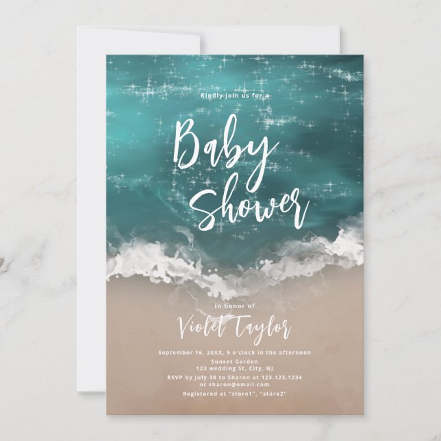 Abstract sparkling moody ocean beach Baby Shower Invitation (Front)