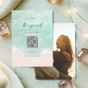 Abstract sparkling ocean beach wedding QR code RSVP Card