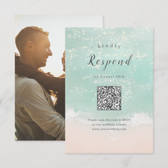 Abstract sparkling ocean beach wedding QR code RSVP Card (Front/Back)