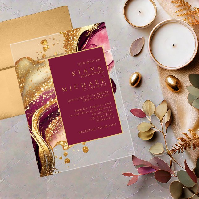 Abstract Sparkling Wedding Wine Red ID1018 Acrylic Invitations (Creator Uploaded)