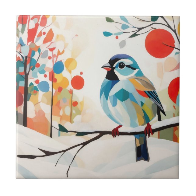 Abstract Sparrow In Whimsical Winter Forest Tile (Front)