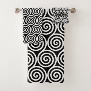 Abstract Spiral Circles in Black & White Bath Towel Set