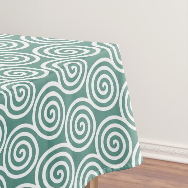Abstract Spiral Circles in Light Teal & White Tablecloth (In Situ)