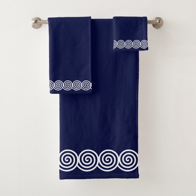 Abstract Spiral Circles on Navy Blue Bath Towel Set (Insitu)
