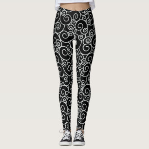 Abstract Spiral Twirly Swirly Pattern Black White Leggings