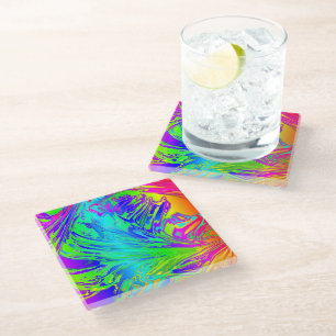 Abstract Splashing Rainbow Liquid Glass Coaster