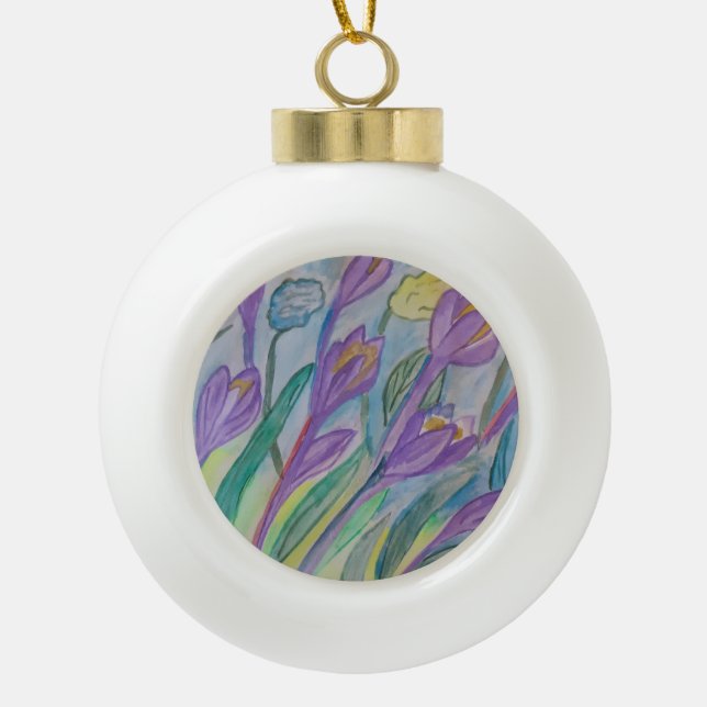 Abstract Spring Crocus Ceramic Ball Christmas Ornament (Front)