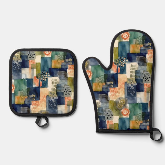 Abstract sqare patterns oven mitt & pot holder set (Front)