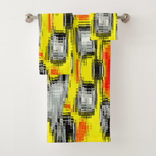 Abstract squares formed from scratches over yellow bath towel set