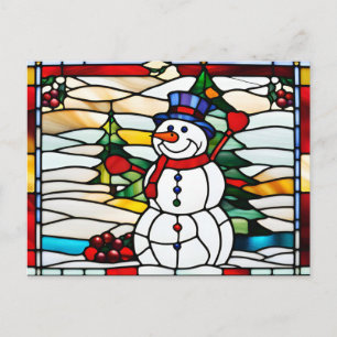 Abstract Stained Glass Christmas Snowman  Holiday Postcard