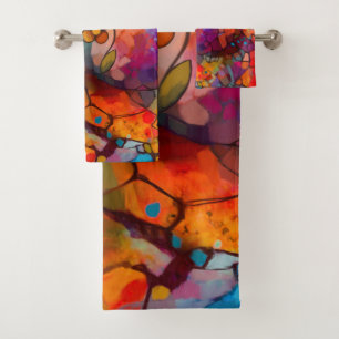 Abstract, stained glass, contemporary painting bath towel set