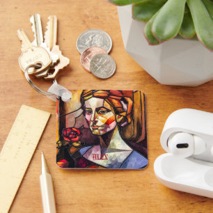 Abstract Stained Glass Woman Portrait with Rose Keychain