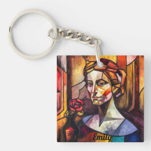 Abstract Stained Glass Woman Portrait with Rose Keychain