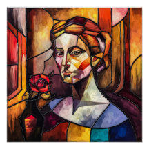 Abstract Stained Glass Woman Portrait with Rose