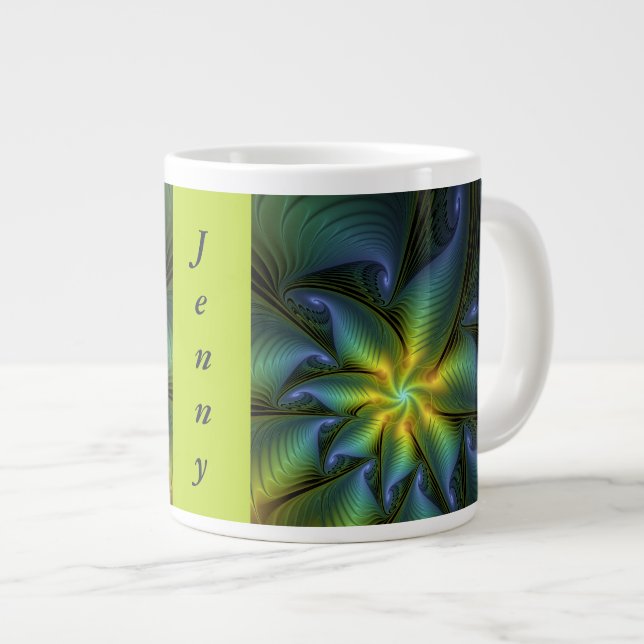 Abstract Star, Blue Green Golden Fractal Art Name Large Coffee Mug (Front Right)